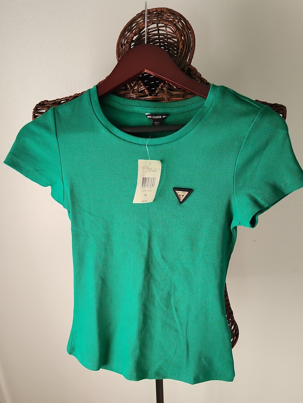 Guess Green Ribbed Short Sleeve Tee with Logo Patch